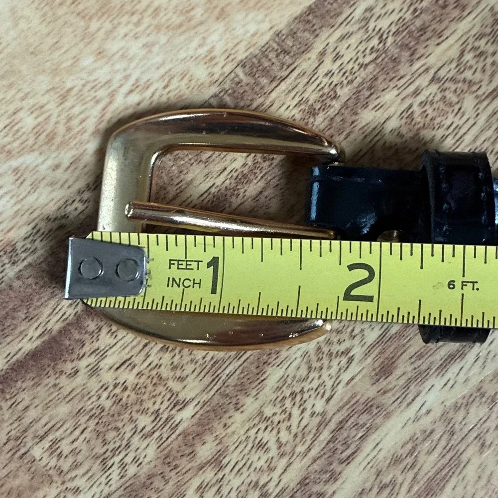 Vintage 90s Black Moc Croc Leather Belt Size 12 Skinny Tapered Gold Buckle Y2K